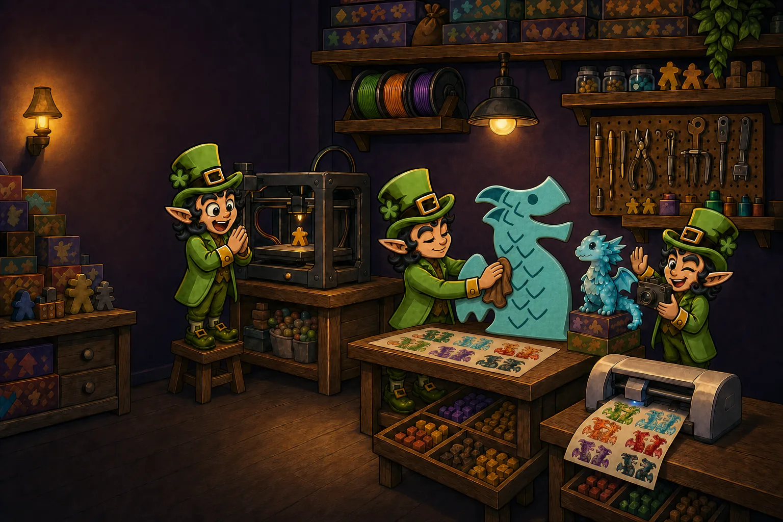 Tres duendes en su taller: uno vigila una impresora 3D, otro limpia un dragón de madera de Flamecraft con un trapito y otro calma a un dragoncito para tomarle una foto junto a una imprenta de stickers